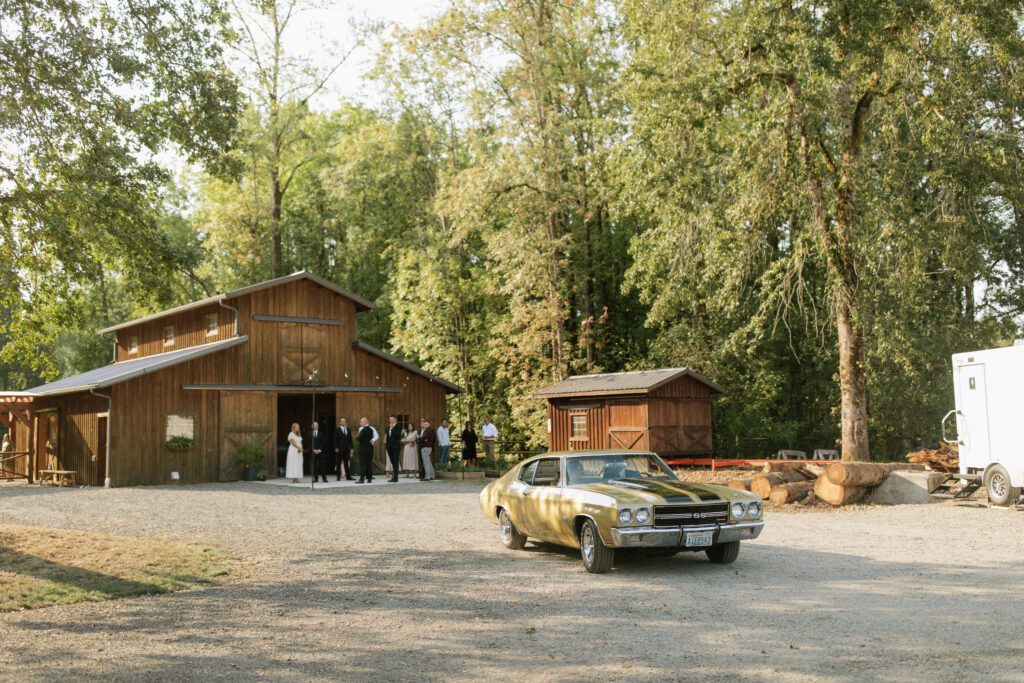 The newlyweds drive away in Creighton's classic car, capturing the joyous start of their new life together