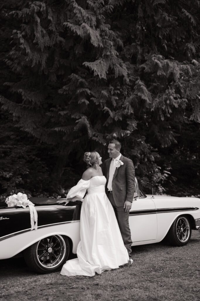 bride and groom portraits with classic car