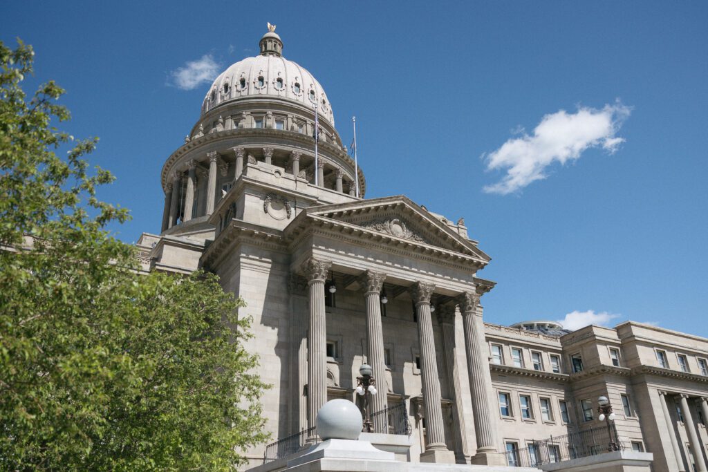 Wide view of the Idaho State Capitol during private elopement in Boise.