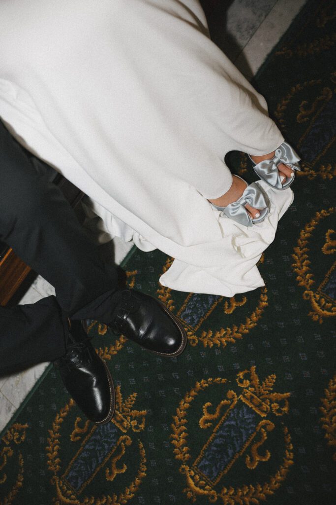 Detail photo of bride's blue heels during Boise elopement.