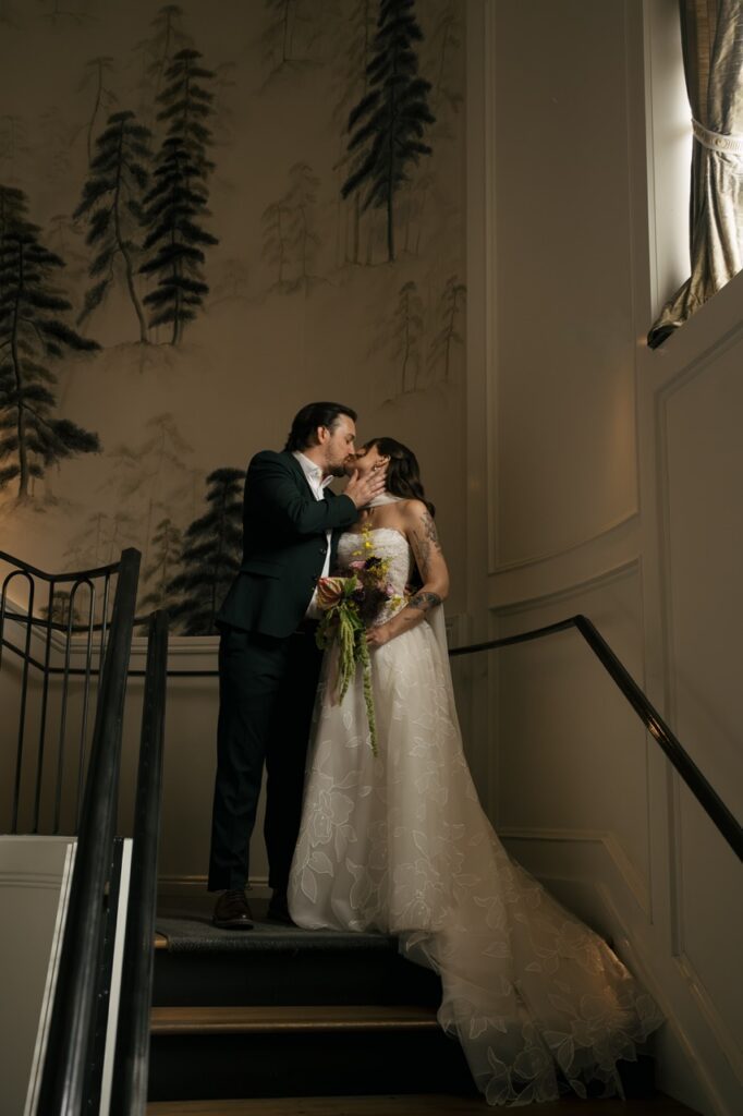 Bride and groom embrace during couples portraits at The Lively in Boise, Idaho