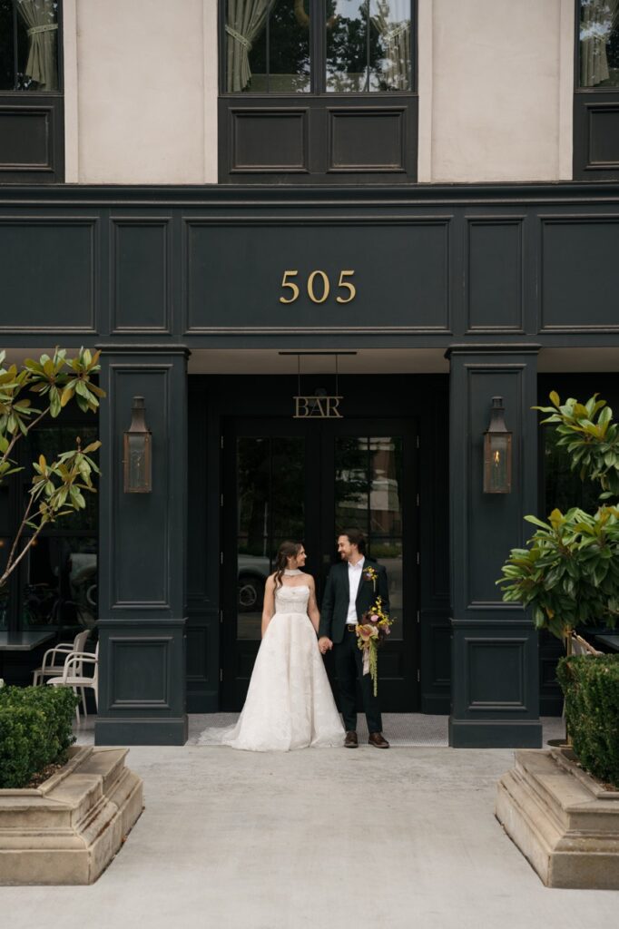 Bride and groom portraits together during golden hour.