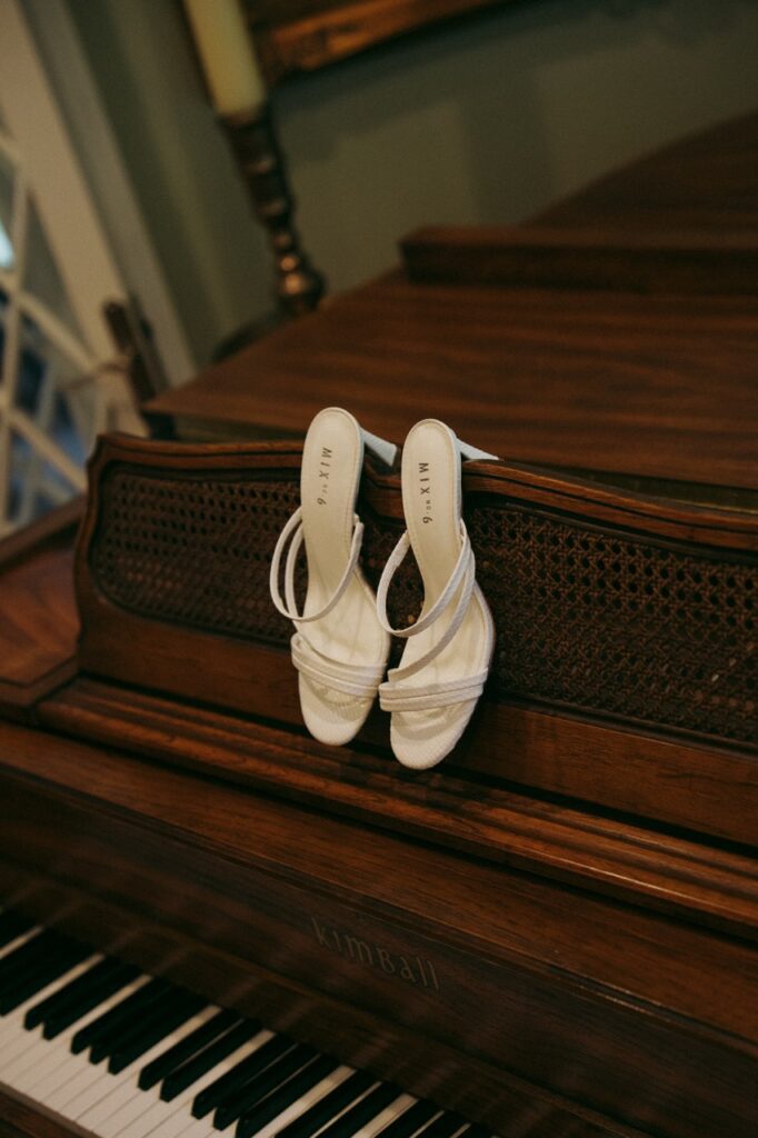 Detail photos of Bride's heels creatively placed for intimate Boise wedding.