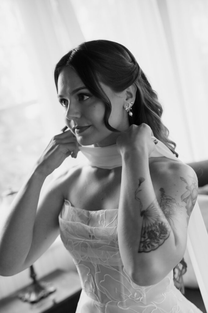 Bride getting ready for her first look with groom before intimate Boise wedding.
