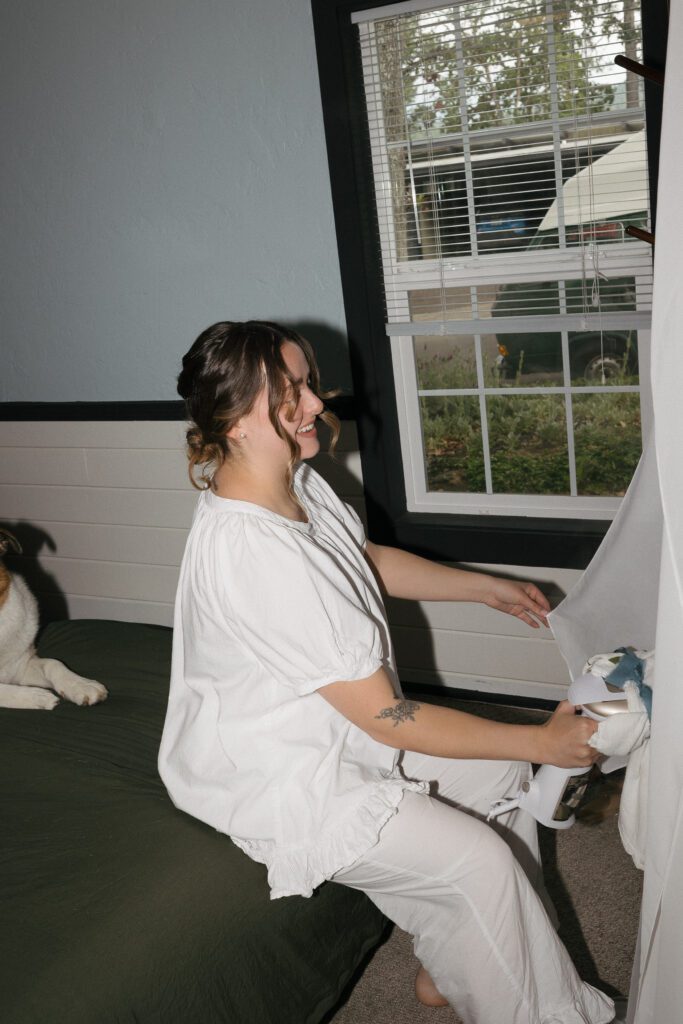 Bride getting ready before her Oregon elopement ceremony.