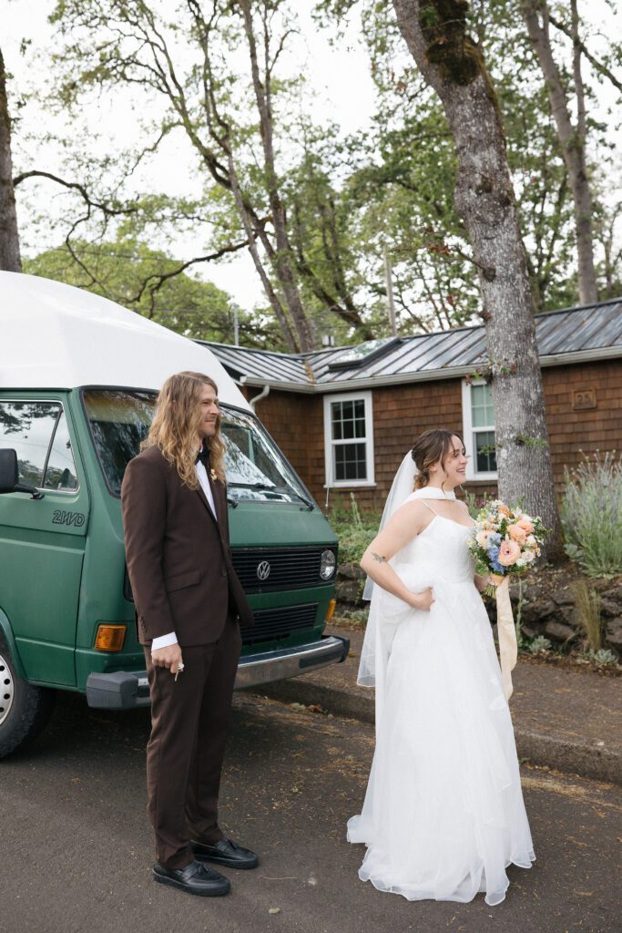 Documentary-style couples photos during Oregon elopement surrounded by nature.