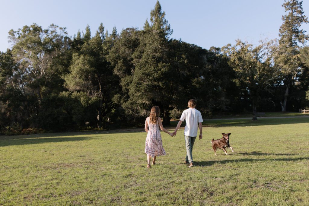 Couple holding hands during a golden hour engagement session in Boise, Idaho.