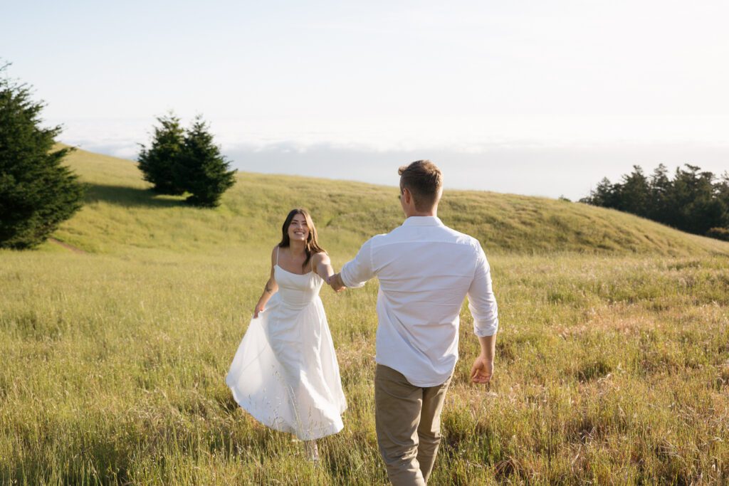 Couple standing together at Mount Tamalpais during their Northern California engagement session.