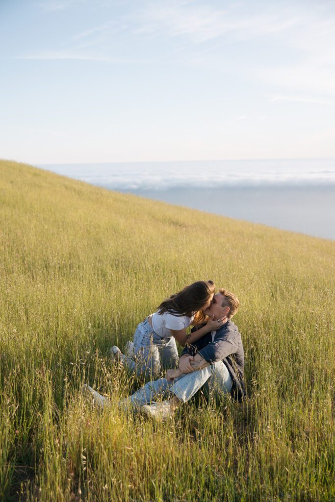 Romantic engagement portraits overlooking the hills of Mount Tamalpais.