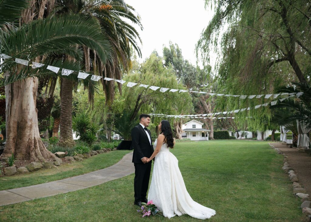 Bride and groom take a quiet moment together at the end of their wedding celebration.